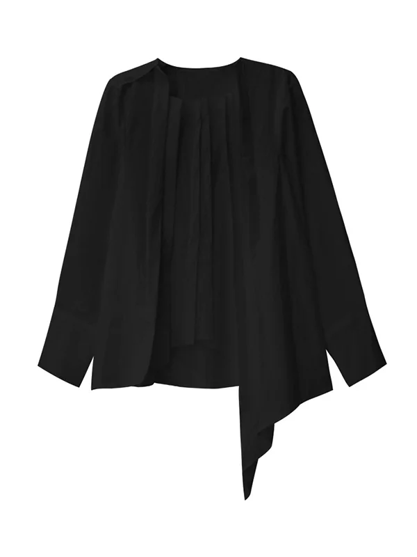 Asymmetric Pleated Solid Color Hipster Irregularity Round-Neck Blouses&Shirts Tops