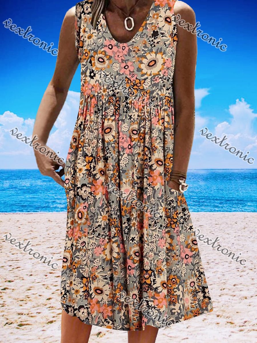 Women's Sleeveless V-neck Graphic Floral Printed Midi Dress
