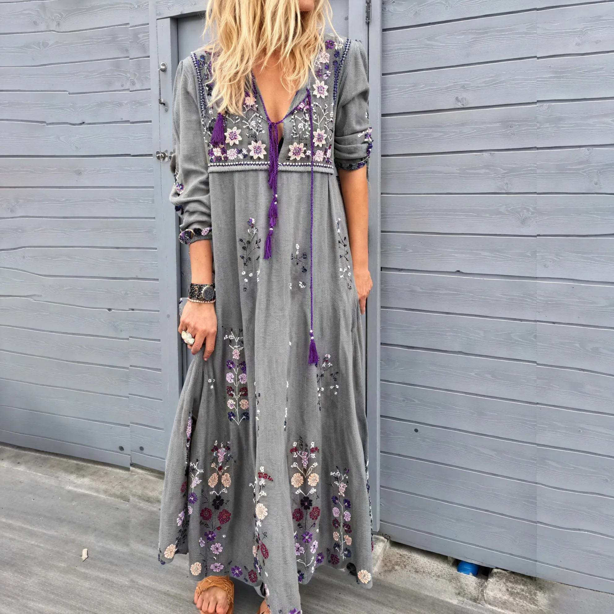 Lilly | Long-Sleeve Bohemian Maxi Dress with Embroidered V-Neck and Tassels - Image 3