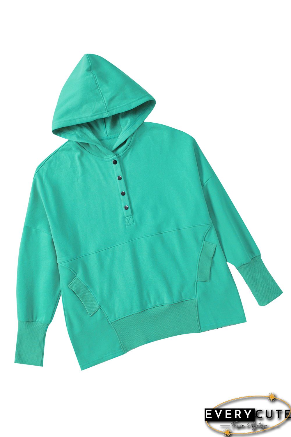 Turquoise Batwing Sleeve Pocketed Henley Hoodie