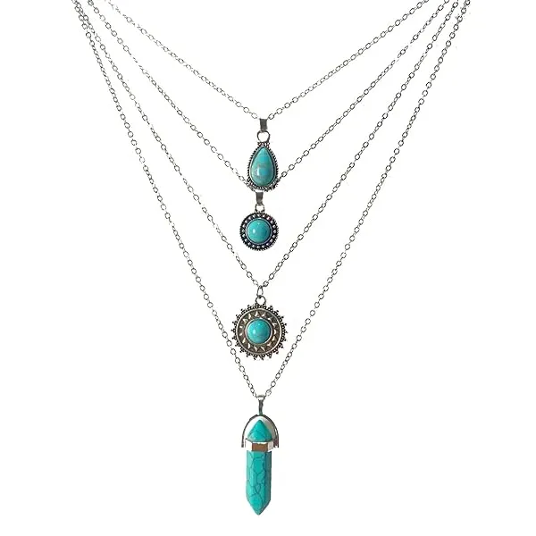  4 PCS Silver Turquoise Layered Necklaces for Women Girls 4PCS