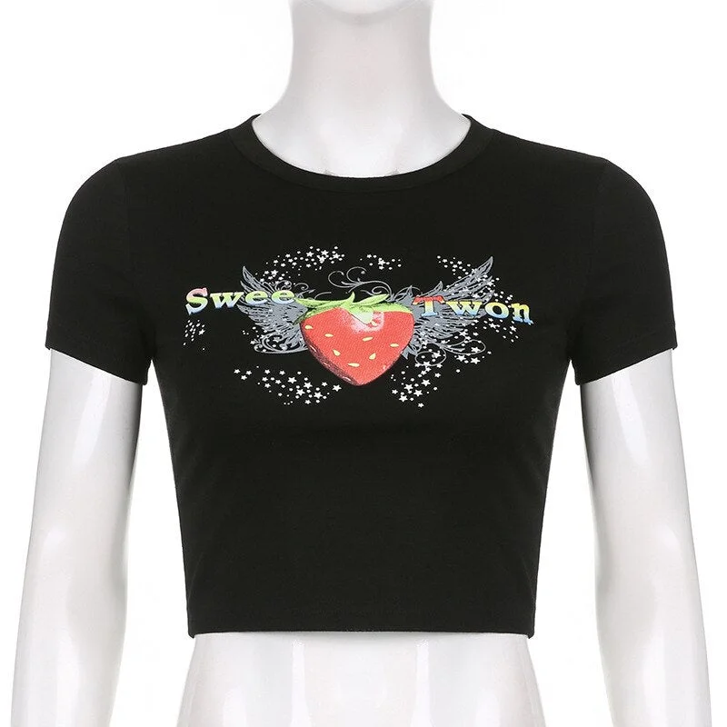 Cute Y2K Aesthetics Strawberry Print Gothic Black Baby Tees E-girl Streetwear Vintage Women O-neck Short Sleeve Crop T-shirts