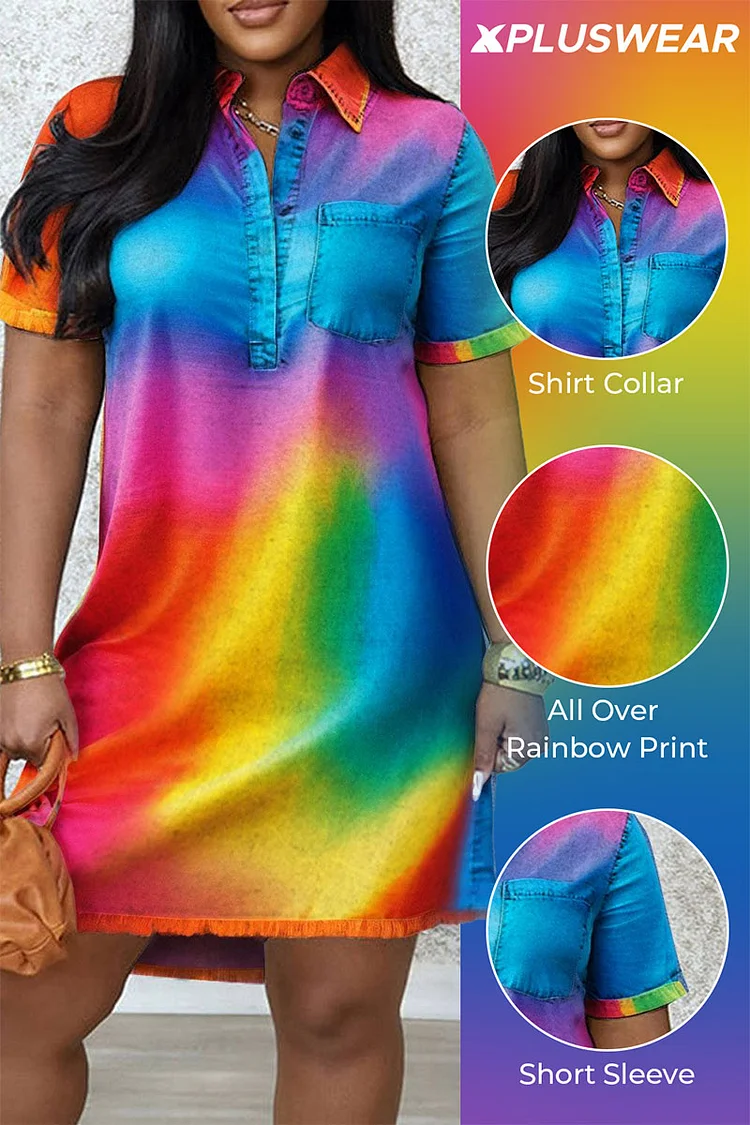 Plus Size Vacation Rainbow Casual All Over Print Shirt Collar Short Sleeve Mini Dresses