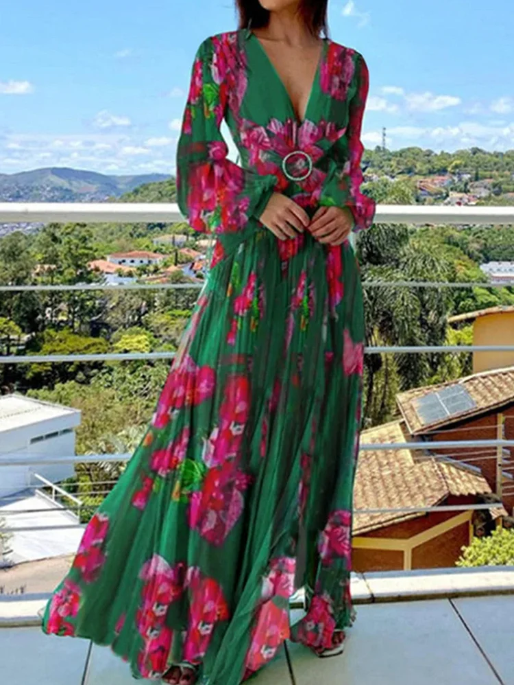 Elegant Floral Deep V Neck Long Sleeve Maxi Pleated Dress