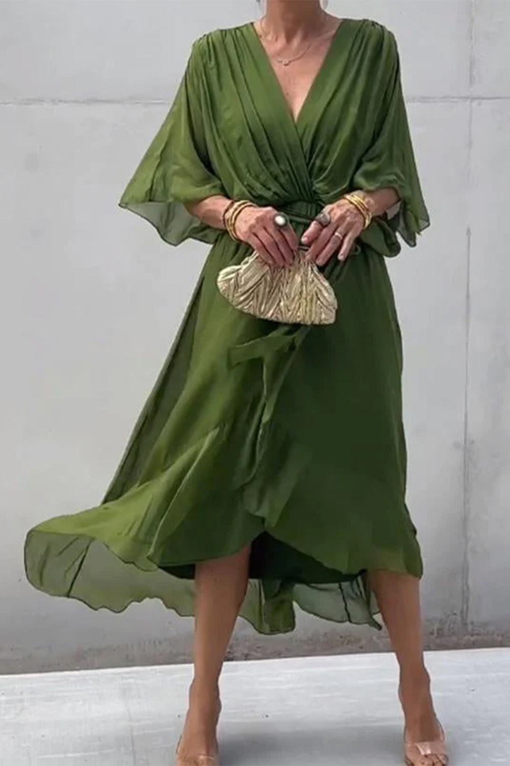 Plus Size Everyday Olive Green Chiffon Wrap Batwing Sleeve Asymmetrical Hem Maxi Dress 2024 - Flycurvy 