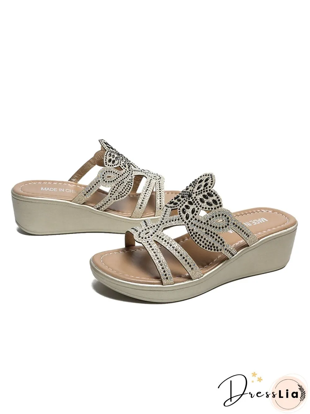 Rhinestone Floral Leaf Cutout Glitter Wedge Slippers