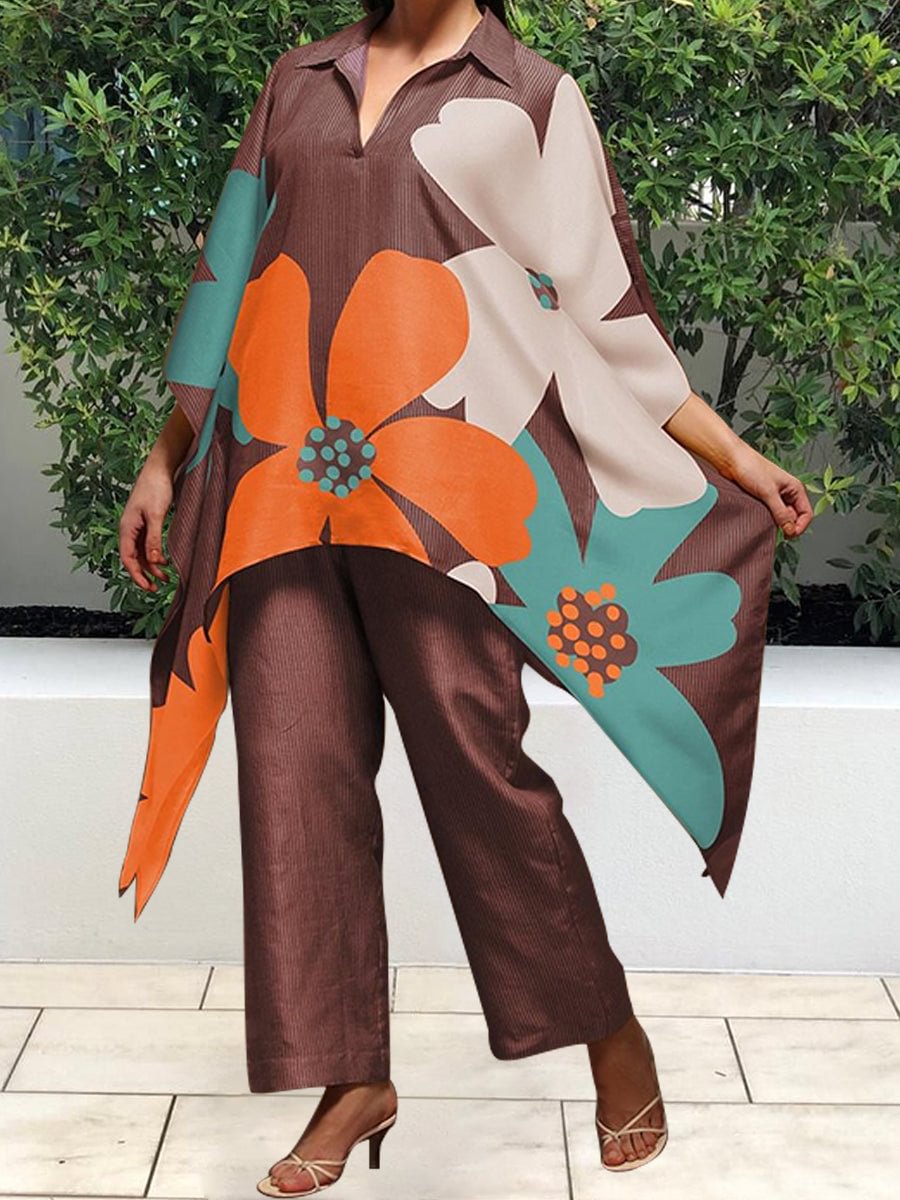 Floral Printing Asymmetrical Hem Kaftan Style Shirt Casual Two-piece Suits
