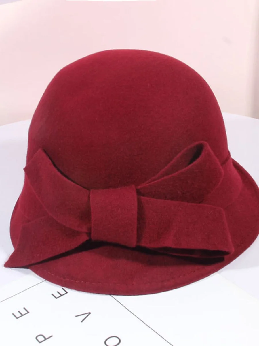 Women's Party Hat Classic Bow Pure Color Elegant Winter Fedora Hat