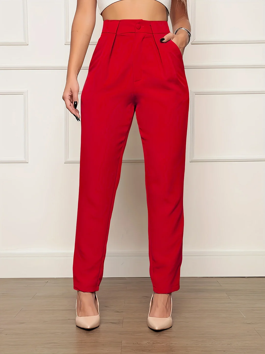 Elegant Solid Color Pencil Skirt Pants | Women's Regular Fit Long Length Button Closure - No Belt Needed For Spring Summer Fall Casual & Formal Outfits, Seasonal Fashion, Smooth Texture, Office Attire, Nonstretch Fabric | IFYHOME