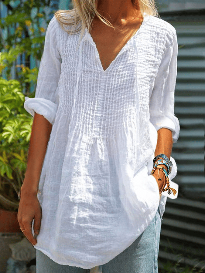 Women's V-Neck Pleated Design Loose Casual Shirt
