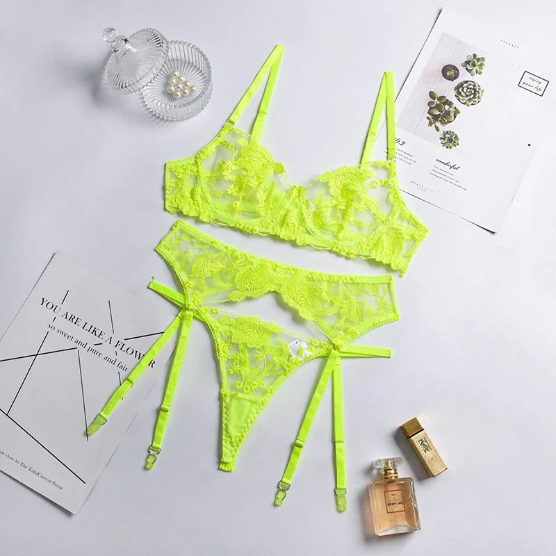 Billionm Bra and Panty Set Women Underwear Lace Lingerie 3pcs Open Cup See Through Thong Floral Embroidery Underwear Transparent Bra Set