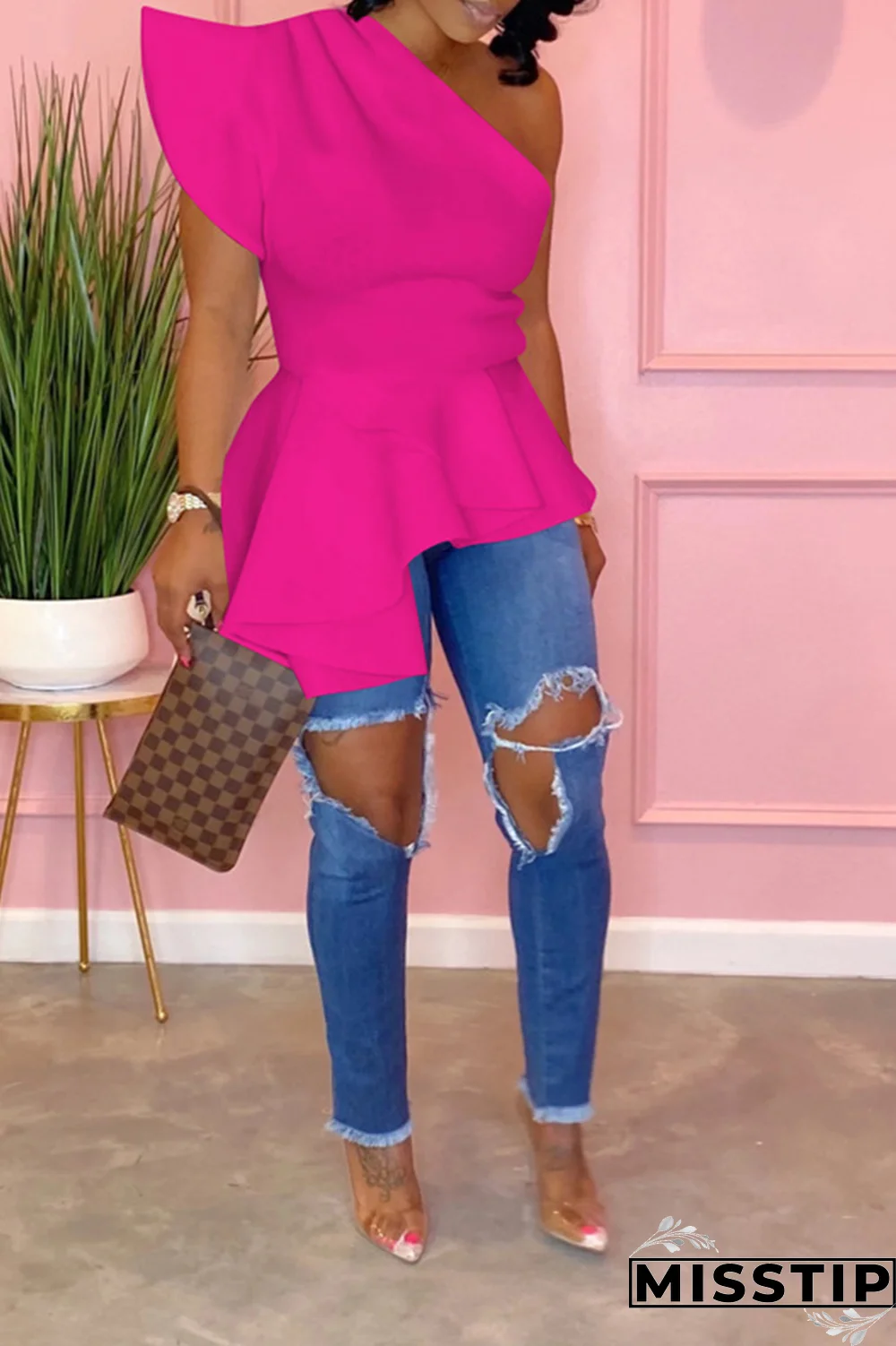 Blue Street Solid Flounce One Shoulder T-Shirts