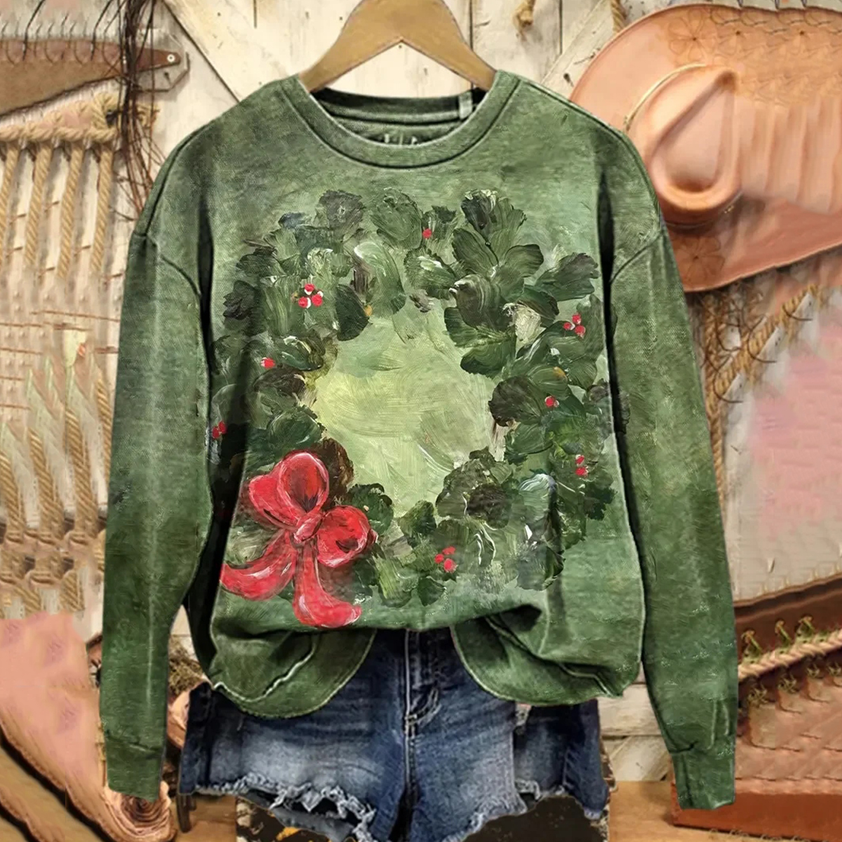 Women's Vintage Christmas Wreath Print Crew Neck Long Sleeve Sweatshirt elevenforest