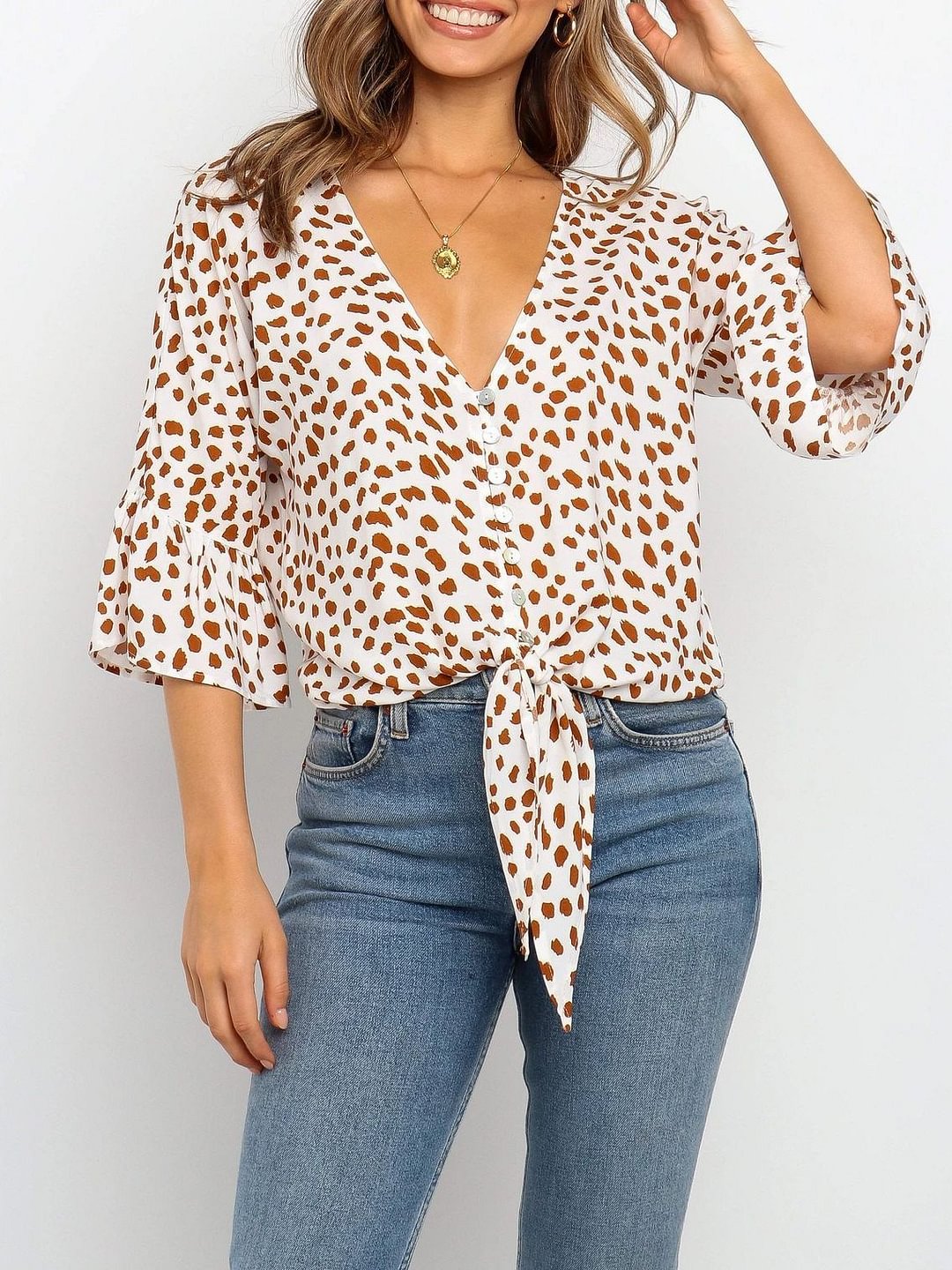 Fashion V-Neck Flared Sleeve Knotted Top