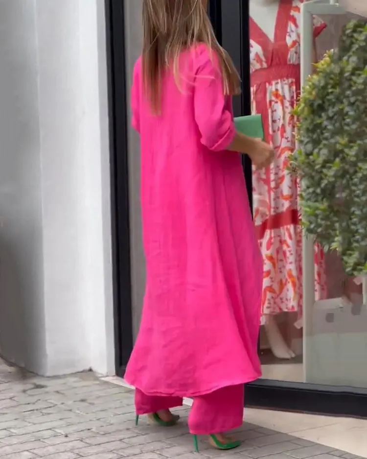 Casual Loose Solid Color Round Neck Long Sleeve Two-piece Suit