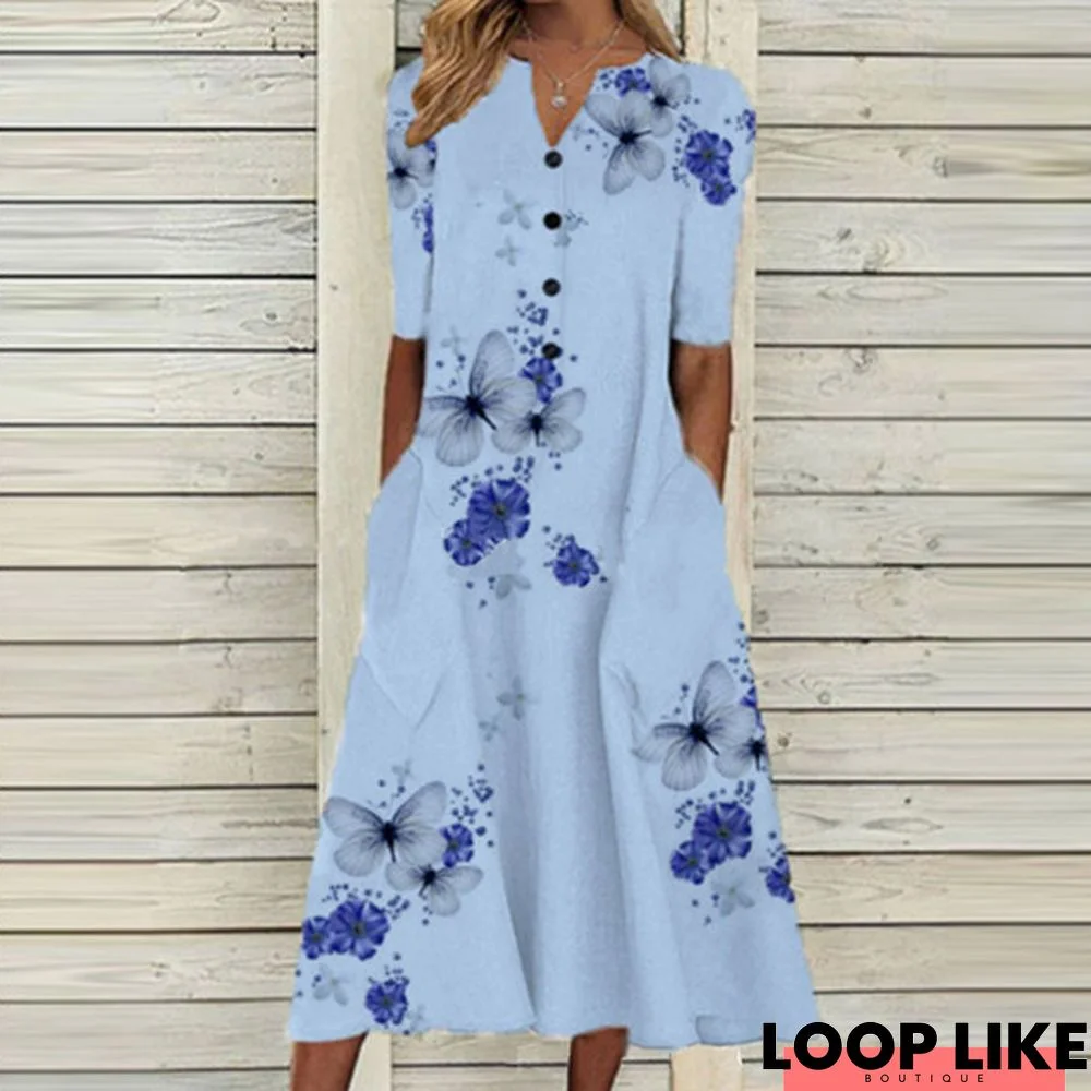 Printed Pocket V-Neck Loose Casual Long Dress Woman White Dresses