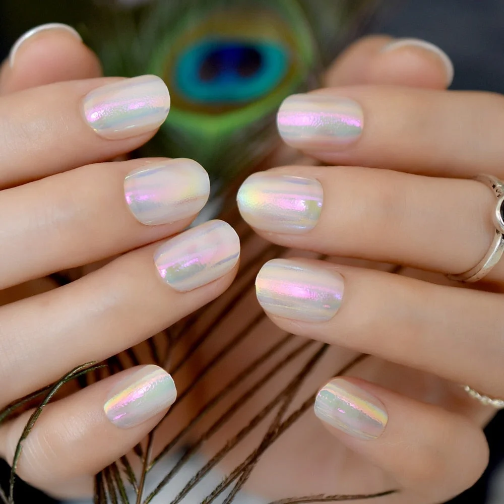 24pcs Unicorn Chrome Press On Fake Nails with Designs Iridescent Pink Short Full False Nails Acrylic with Glue Sticker 12 Sizes-Nail Inspo