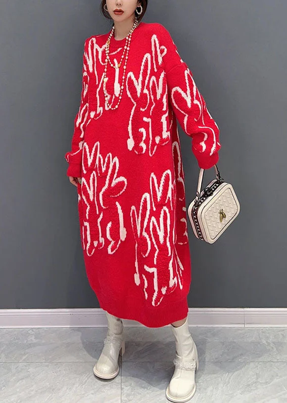 Boho Red O Neck Animal Jacquard Knit Sweater Dress Winter