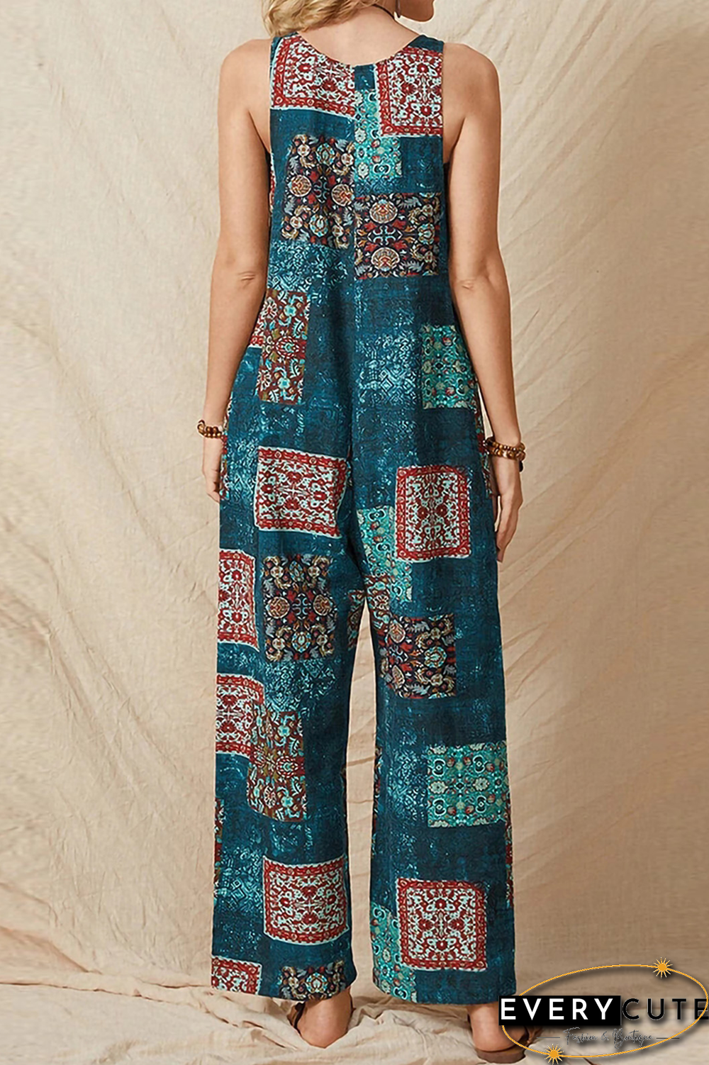 Street Print Split Joint Pocket U Neck Straight Jumpsuits