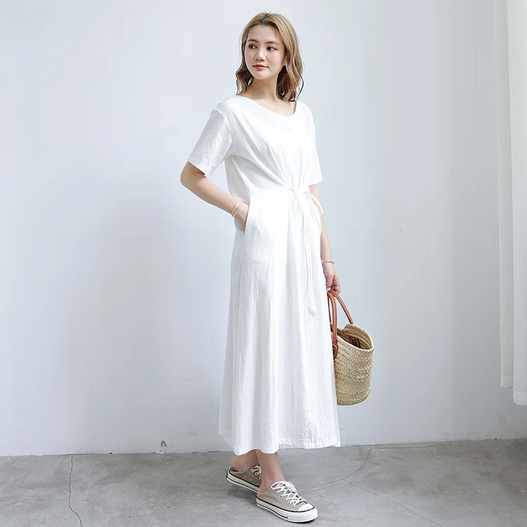 Casual Solid Color Lace-Up Midi Dress
