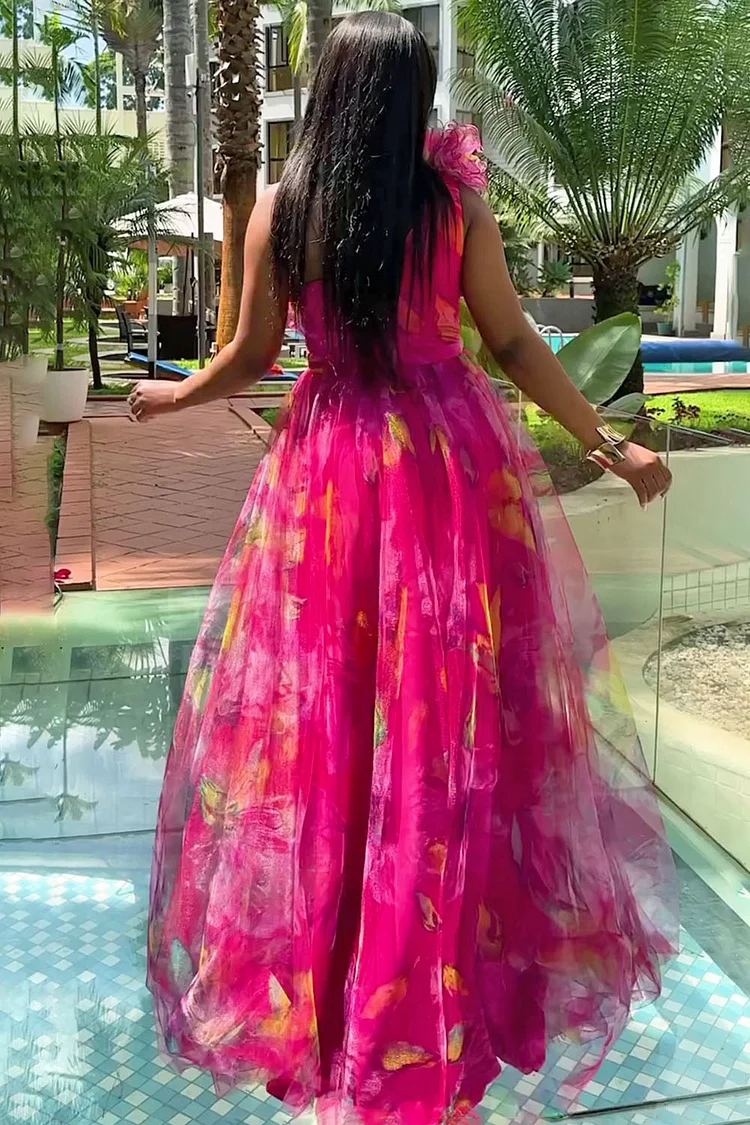 One Shoulder Rosette Floral Print Mesh Party Maxi Dresses-Fuchsia [Pre Order]