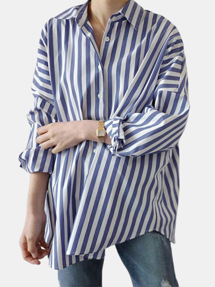 Striped Print Long Sleeve Casual Loose Shirt For Women P1776826