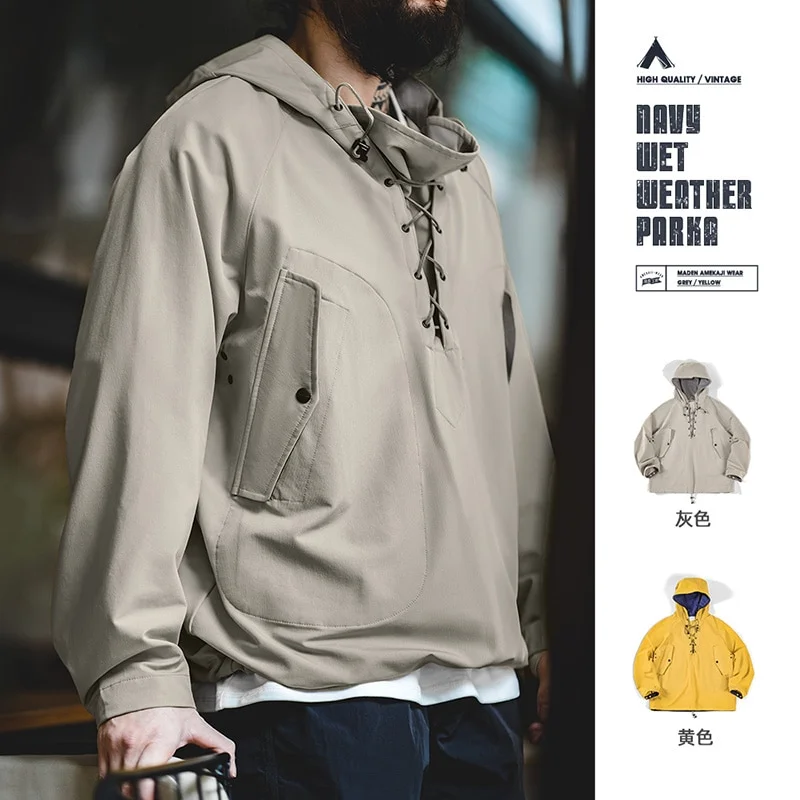 Aonga Autumn Outfits  Vintage Hooded Deck Jackets for Men Outdoor Windbreak Drawstring Hoodies Male Oversize Motorcycle Outerwear Big Size Tops