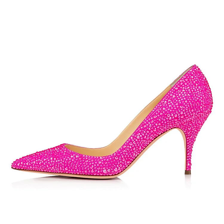Hot Pink Sparkling Heels Pointed Toe Rhinestone Pumps for Women |FSJ Shoes