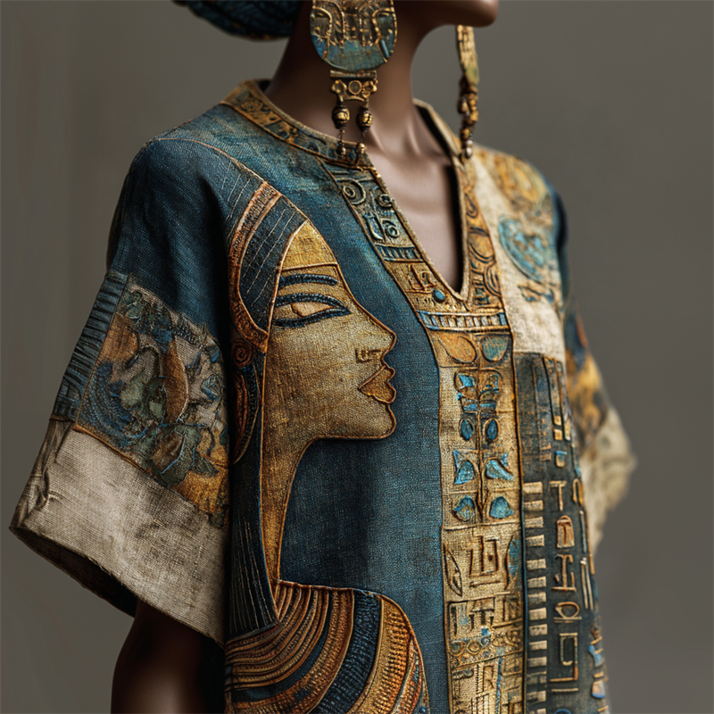 Comstylish Ancient Egyptian Woman Face Ethnic Embroidered Linen Shirt