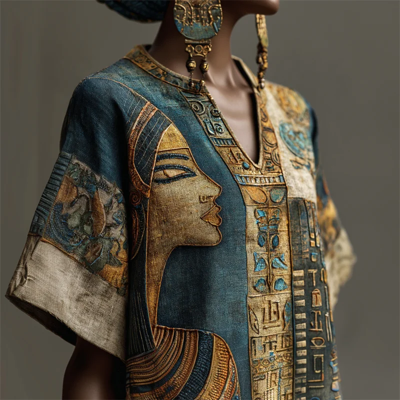 Ancient Egyptian Woman Face Ethnic Embroidered Linen Shirt