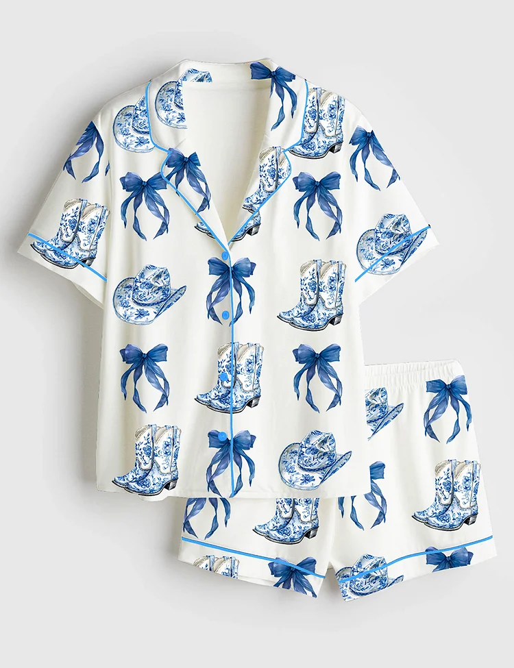 Women's Blue Chinoiserie Cowgirl Blue Toile Bow & Boots Blue And White Western Short Sleeve Satin Pajama Set