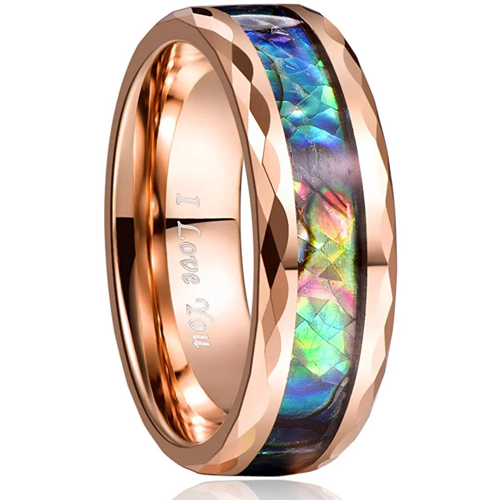 4MM 6MM 8MM 10MM Men Women Rose Gold Abalone Shell Tungsten Carbide Rings Unisex Wedding Bands Mens Womens Faceted Edge Comfort Fit Couple Ring