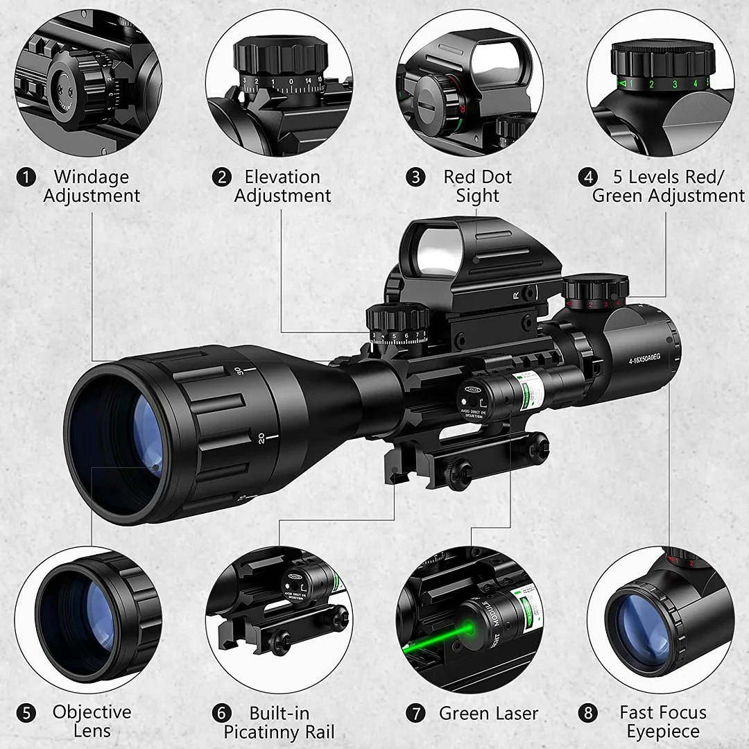 ohhunt® 4-16x50 AO Tactical Rifle Scope Dual Illuminated Optics & Illuminated Reflex Sight 4 Holographic Reticle Red/Green Dot Sight & IIIA/2MW Laser Sight