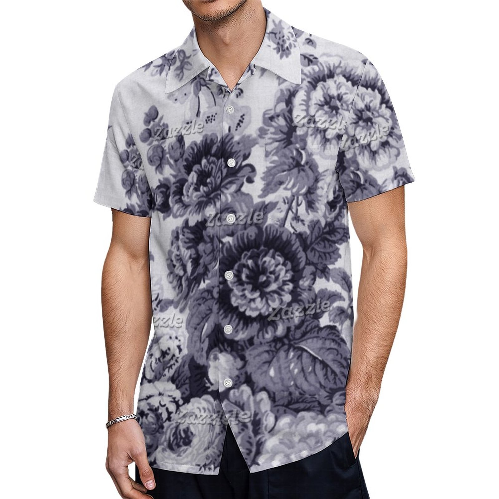 Mulberry Toned Black White Vintage Floral Toile Hawaiian Shirt Mens Button Down Tropical Hawaii Beach Shirts