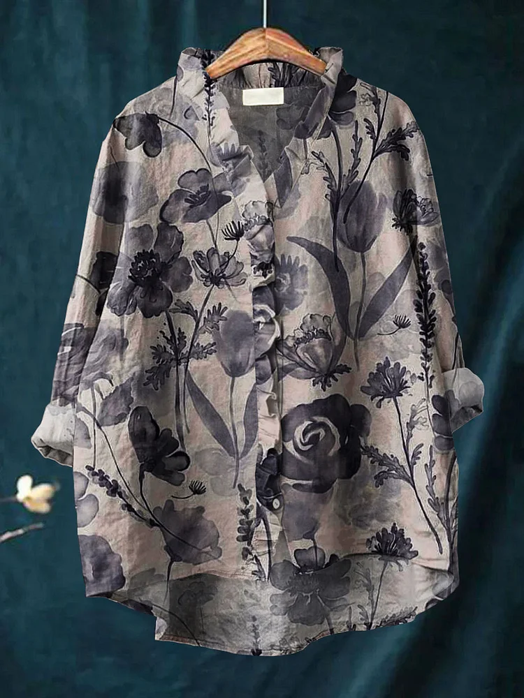 Women's Vintage Flower Art Print Casual Cotton And Linen Ruffle Shirt