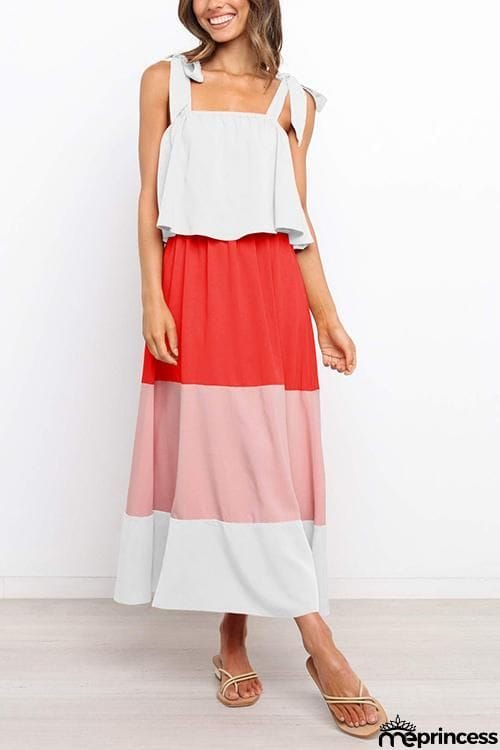 Color Block Bow Slip Maxi Dress
