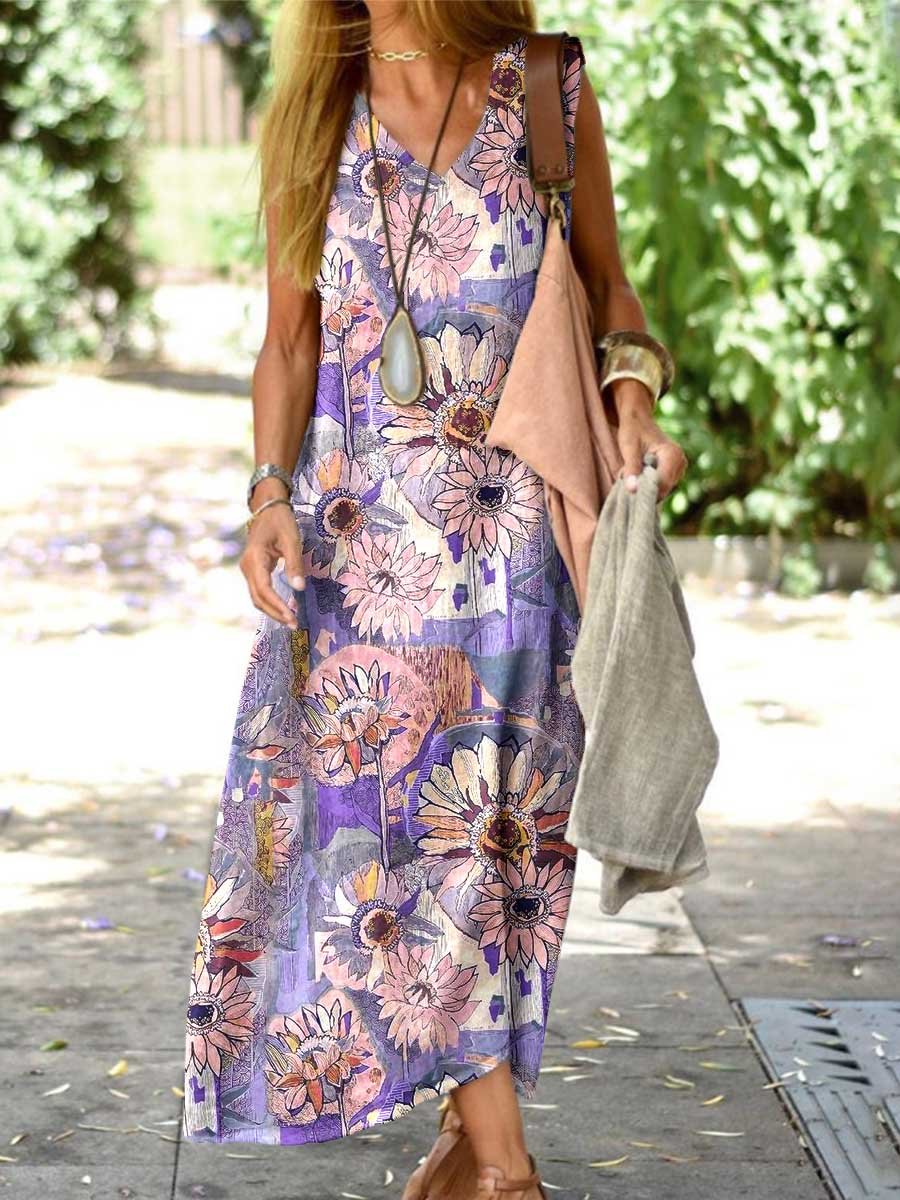 Women's Elegant Floral Pattern Cotton and Linen Loose Vest Cotton and Linen Dress