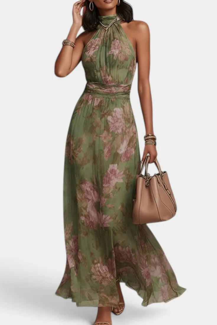 Watercolor Floral Halter Maxi Dress with Draped Waist