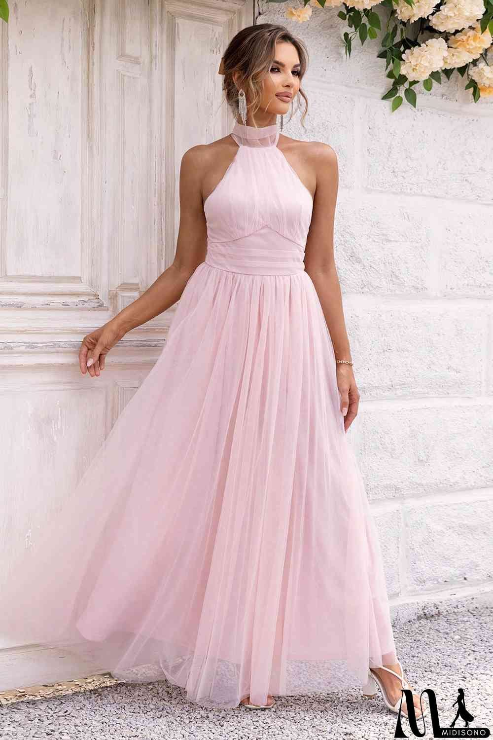 MidiSono - Halter Neck Backless Mesh Dress