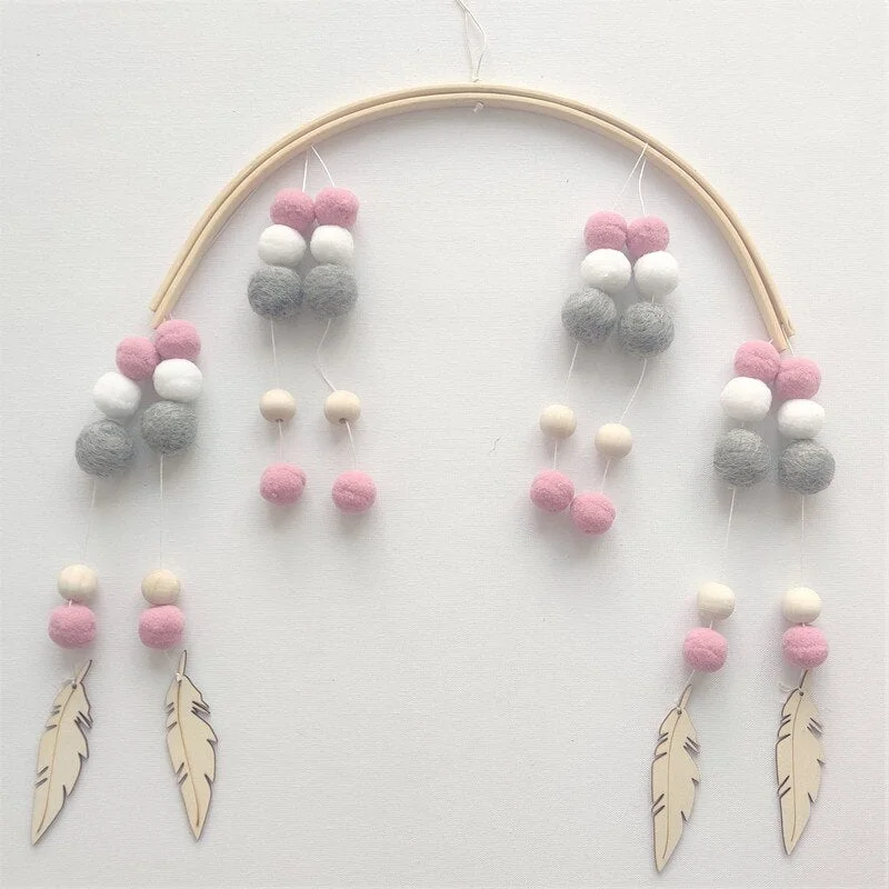INS Nordic Wooden Beads Wind Chimes with Wool Balls Newborn Baby Bed Hanging Windbell Crib Tent Kids Room Decorations Ornaments