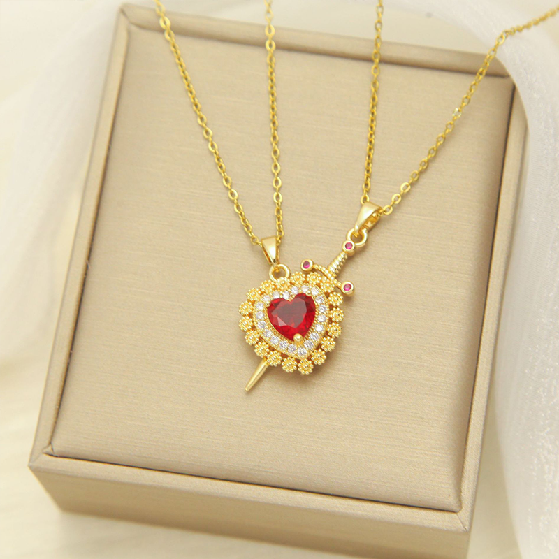 Valentine's Day 18K Gold Red Heart Dagger Couple Gift Necklace Jewelry