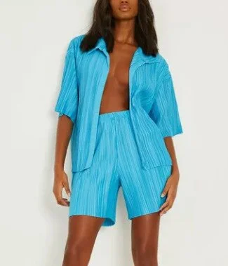 UForever21 Pleated Shorts Suit Two Piece Set Solid Color Single Breasted Short Sleeve Lapel Shirt +Shorts Suit Fashion Casual Outfits