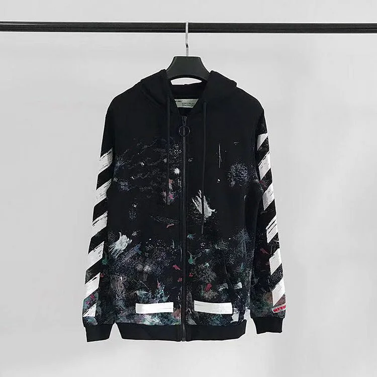 off White Hoodie Starry Sky Fireworks Splash-Ink Arrow Cardigans for Men and Women Zipper Sweater