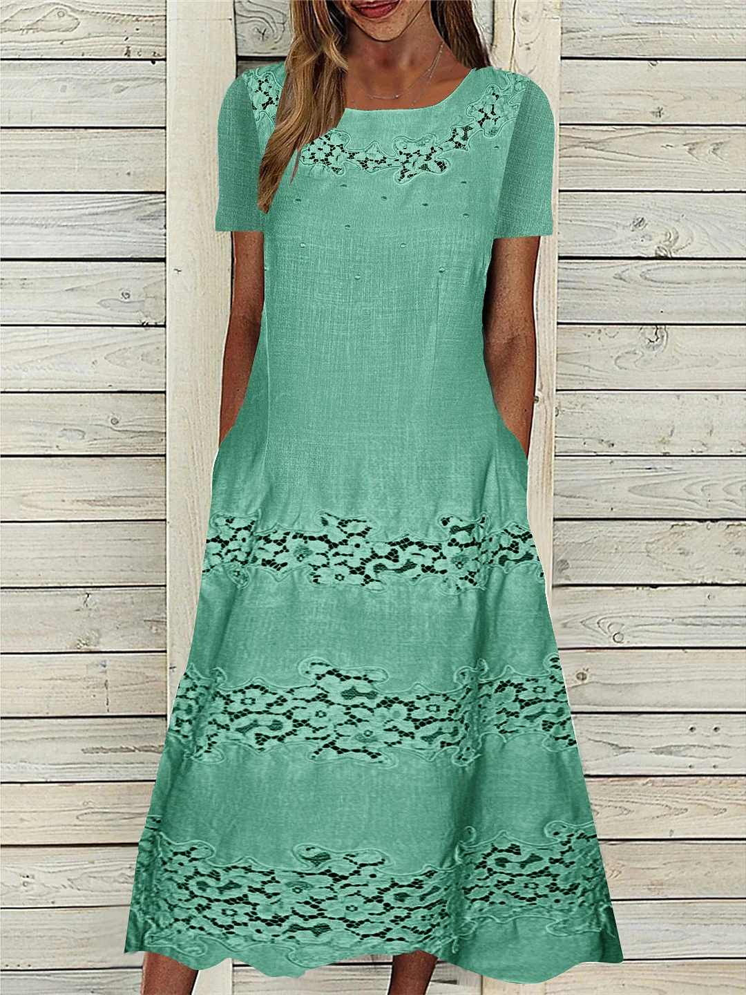 Women's Short Sleeve Scoop Neck Stitching Lace Midi Dress