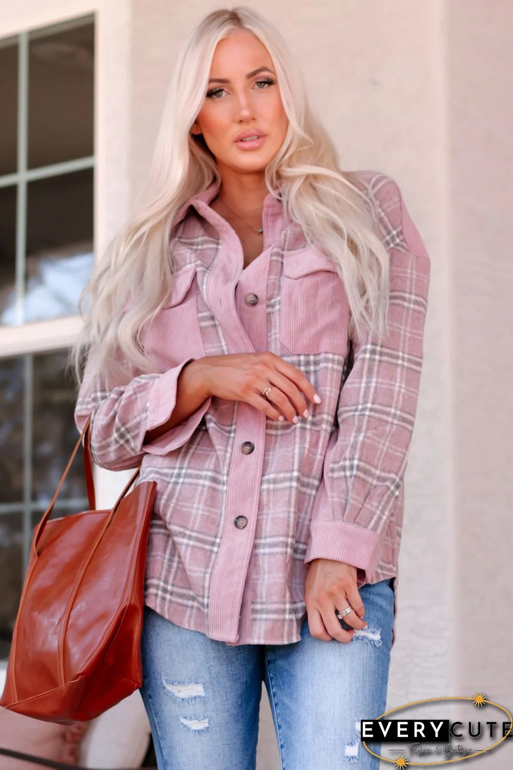 Pink Corduroy Plaid Pattern Shacket