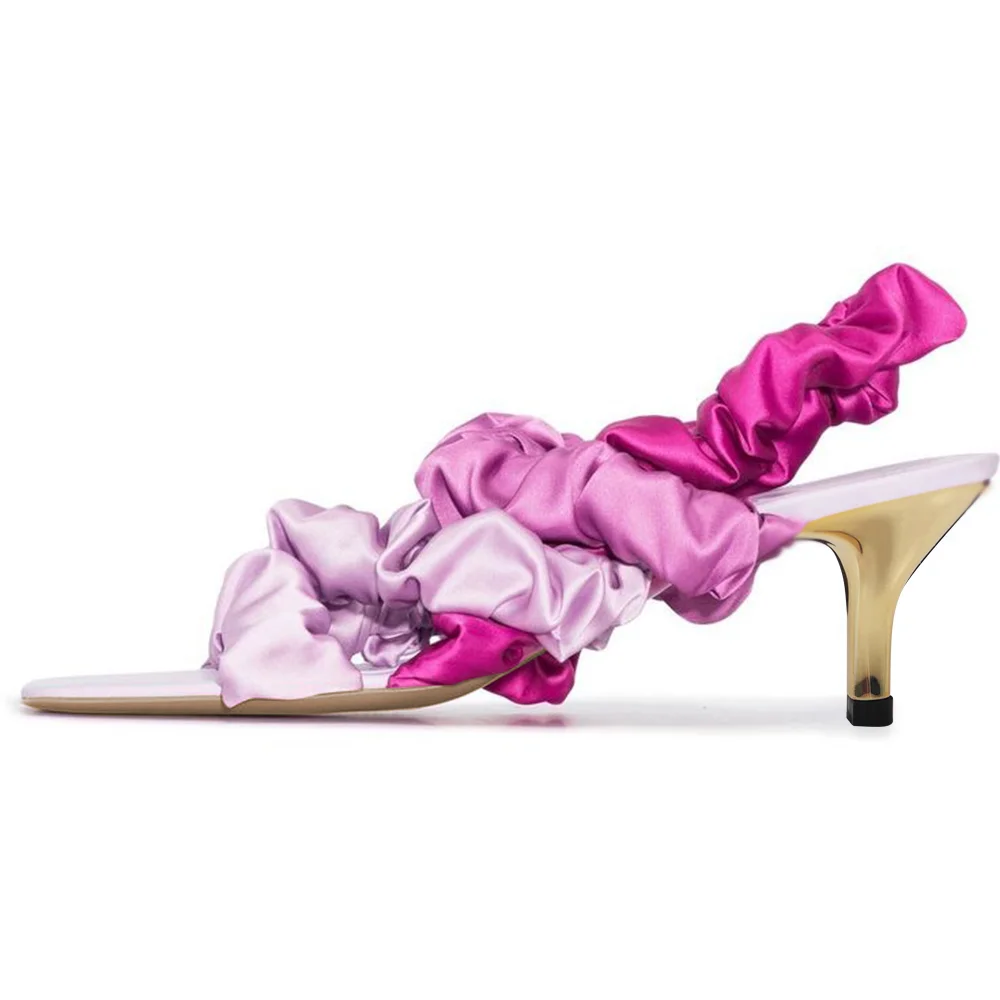 Purple Satin Opened Square Toe Flared Strappy Mules With Decorative Heels Nicepairs
