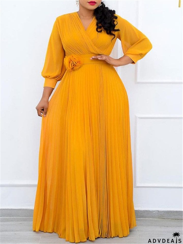 V-Neck Long Sleeve Slim Pleated A Line Long Dresses