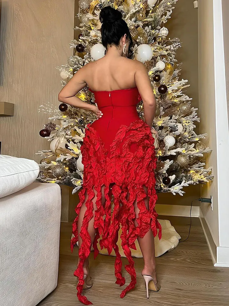 Chic Strapless Ruffle Hem Irregular Maxi Dress