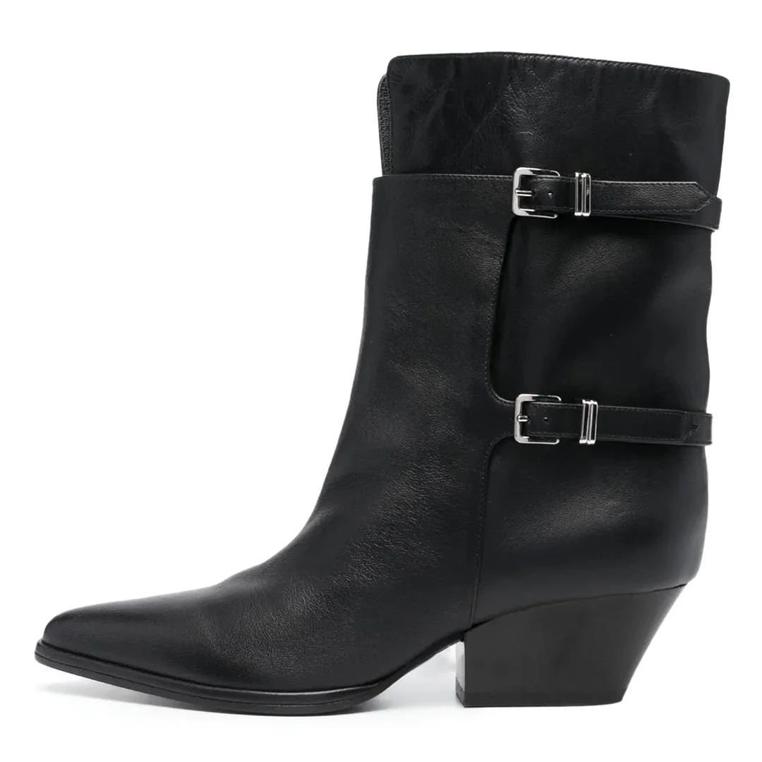 Black Pointed Toe Chunky Heel Buckle Strap Short Boots for Women
