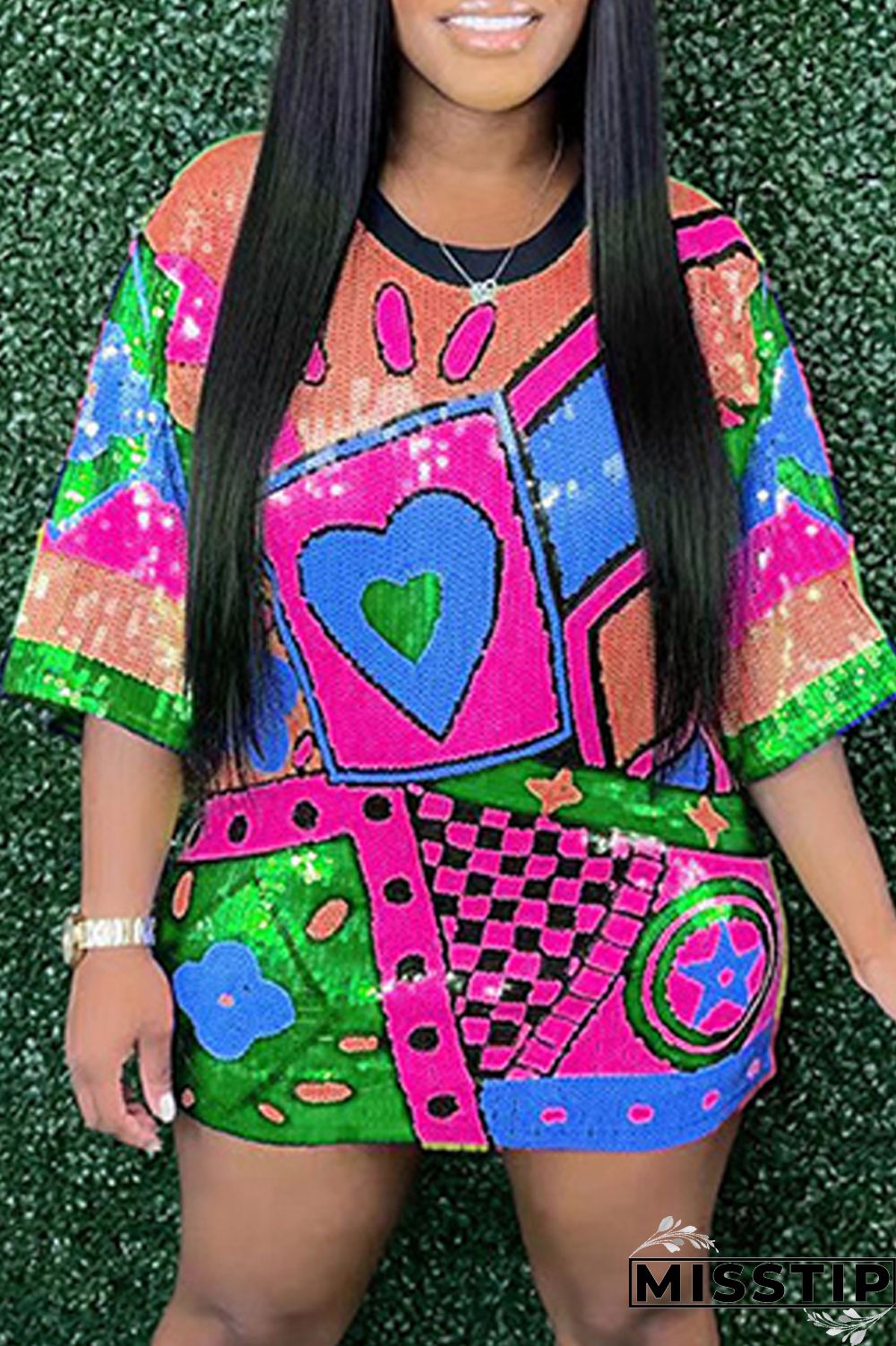 Rose Red Fashion Casual Patchwork Sequins O Neck A Line Dresses